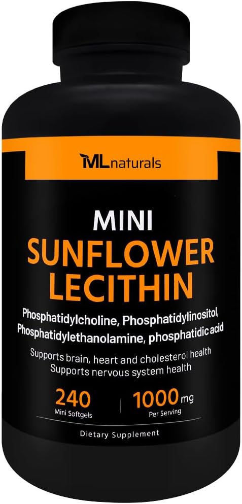 ML Naturals Mini Sunflower Lécithine 240 Softgels. Phosphatidylcholine, Phosphatidylinositol, Phosphatidylthanolamine, acide phosphatidique, certifié NSF et conforme aux GMPc