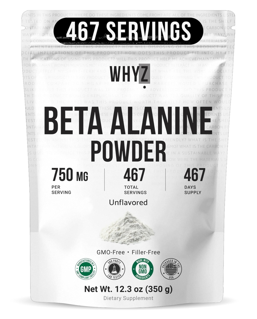 WHYZ Beta Alanine Poudre Pure Beta Alanine Supplément pré-entraînement pour l'énergie durable pour les hommes et les femmes, Supplément Alanine pour l'endurance, 467 portions, 350g (12,3 lb)