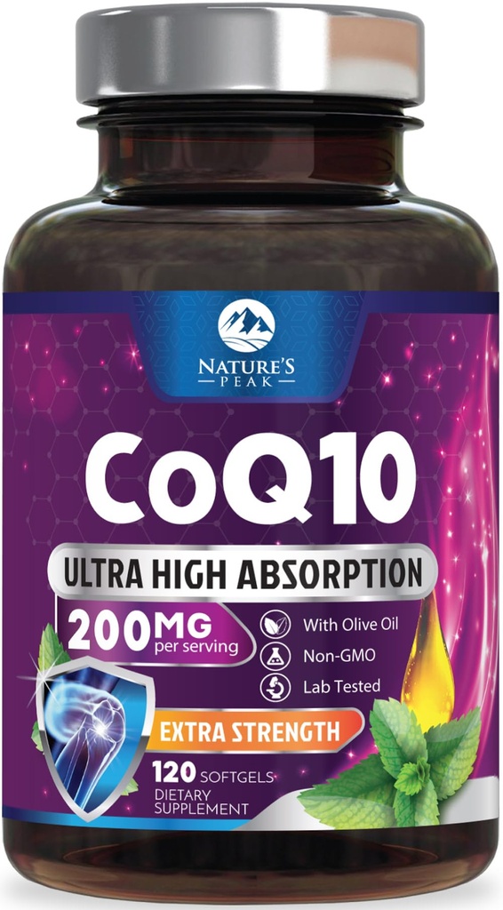 CoQ10 Softgels - Coenzyme ultra-haute absorption Q10 200mg par portion - Co Q 10 Softgel supplément avec poivre noir, énergie et soutien cardiaque antioxydant - pour les femmes et les hommes, embouteillé États-Unis - 120 Softgels