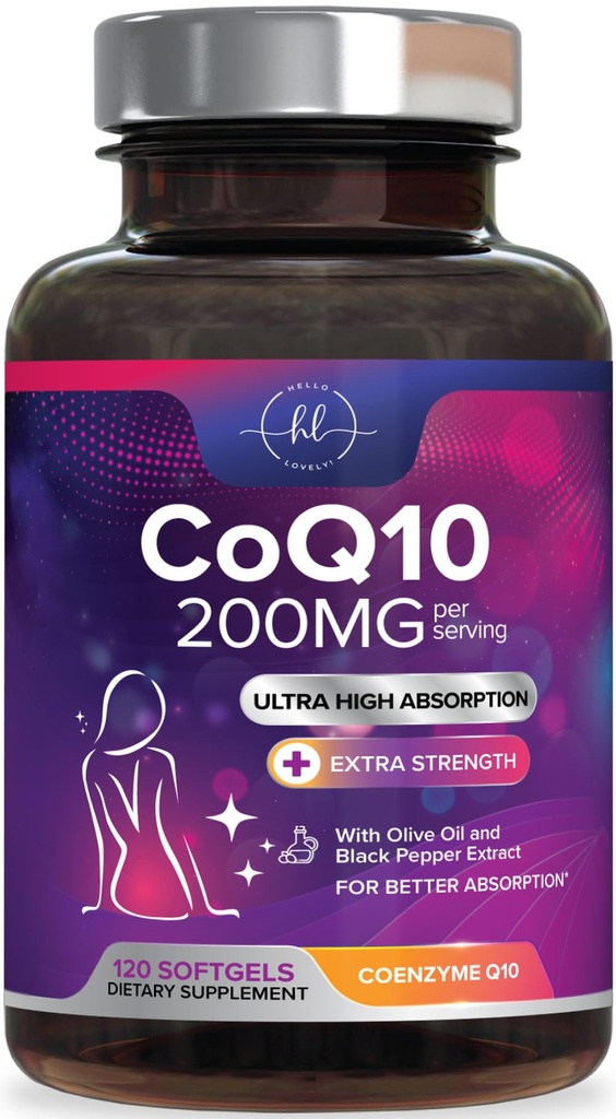 Coenzyme Q10 200mg par supplément de service - Absorption ultra élevée, antioxydant pour la santé cardiaque et le soutien de la production d'énergie - CoQ10 (Ubiquinone) Co Q 10 Supplément et vitamines 100mg Chaque - 120 Softgels