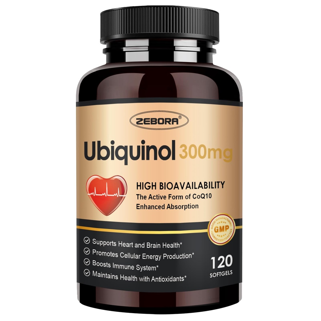 ZEBORA Ubiquinol CoQ10 300mg Softgels, 4-en-1 puissant antioxydant pour la santé cardiaque et vasculaire, essentiel pour la production d'énergie, forme active d'absorption maximale de CoQ10, 120 Softgels