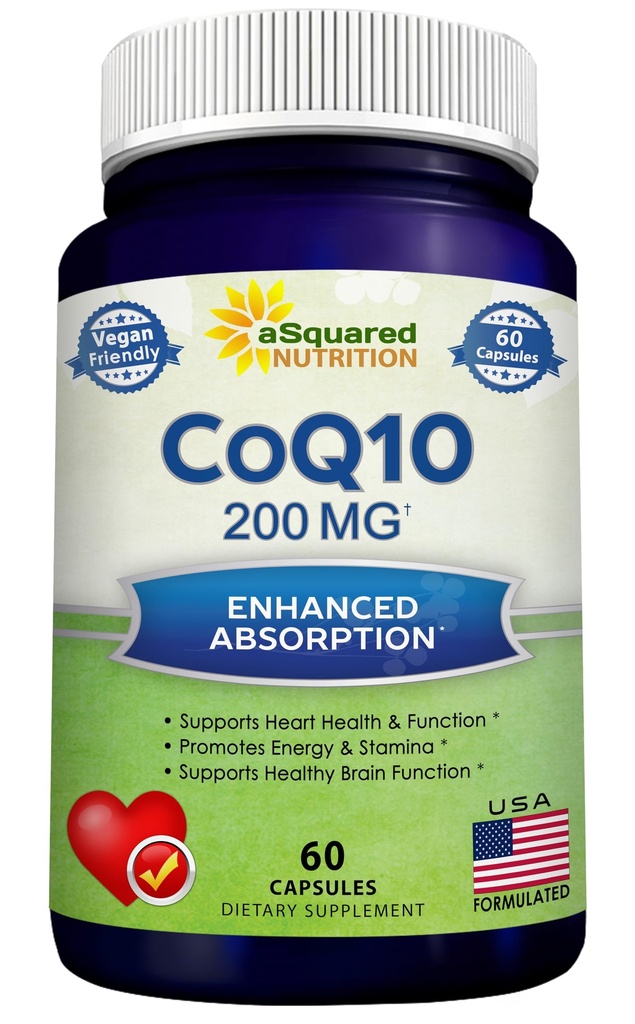aSquared Nutrition CoQ10 200mg - 60 Capsules - Supplément CO Q 10 - Coenzyme Q10 Pilules d'ubiquinone - Vegan CoQ-10 Vitamine extra-oxydante - Alternative aux softgels et aux gommes