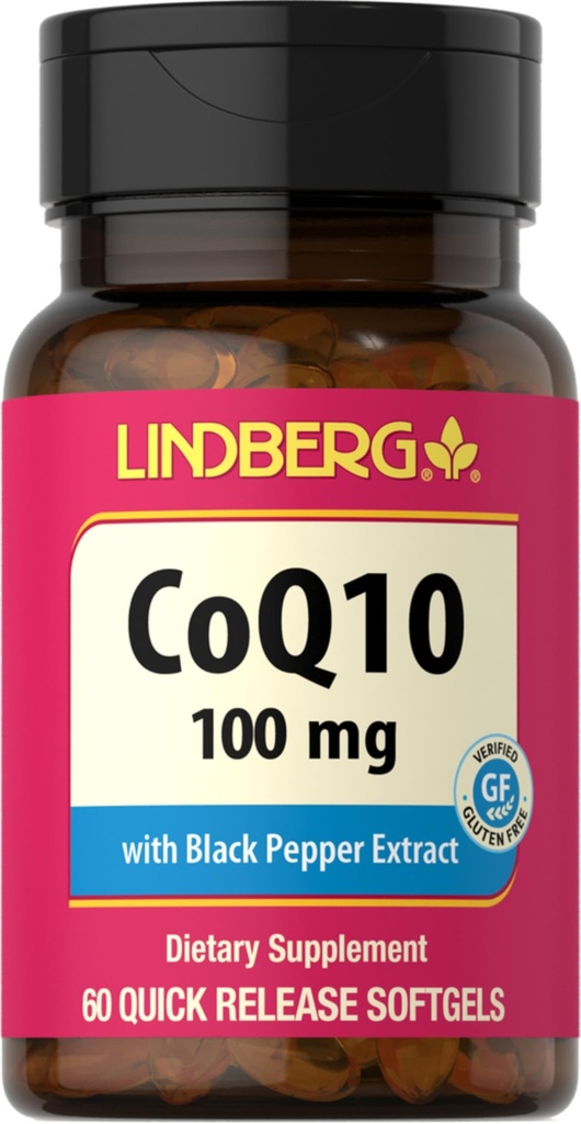 Lindberg CoQ10 100mg Softgels (en anglais seulement) 60 Coenzyme Q10 Supplément pour les femmes et les hommes avec extrait de poivre noir (en anglais seulement) Non-OGM, sans gluten