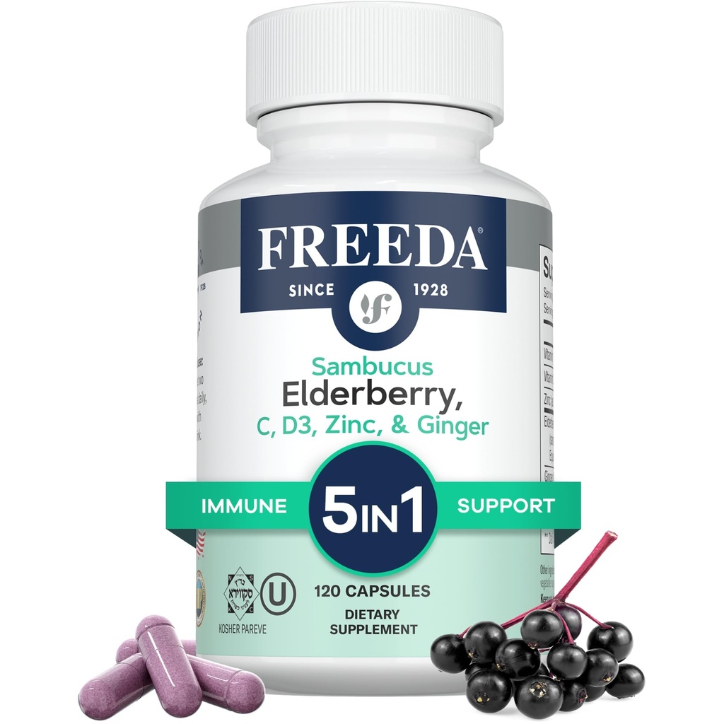 FREEDA Sambucus Elderberry avec vitamine C, zinc, vitamine D3 et gingembre - 5 en 1 supplément de soutien antioxydant à base de plantes pour les femmes et les hommes - Gélunes adultes sans gluten, États-Unis fait (120 comte)