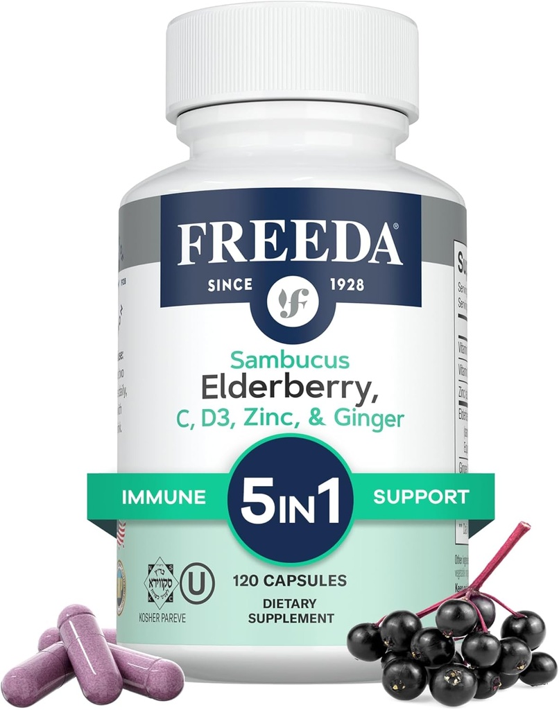 FREEDA Sambucus Elderberry avec vitamine C, zinc, vitamine D3 et gingembre - 5 en 1 supplément de soutien antioxydant à base de plantes pour les femmes et les hommes - Gélunes adultes sans gluten, États-Unis fait (120 comte)