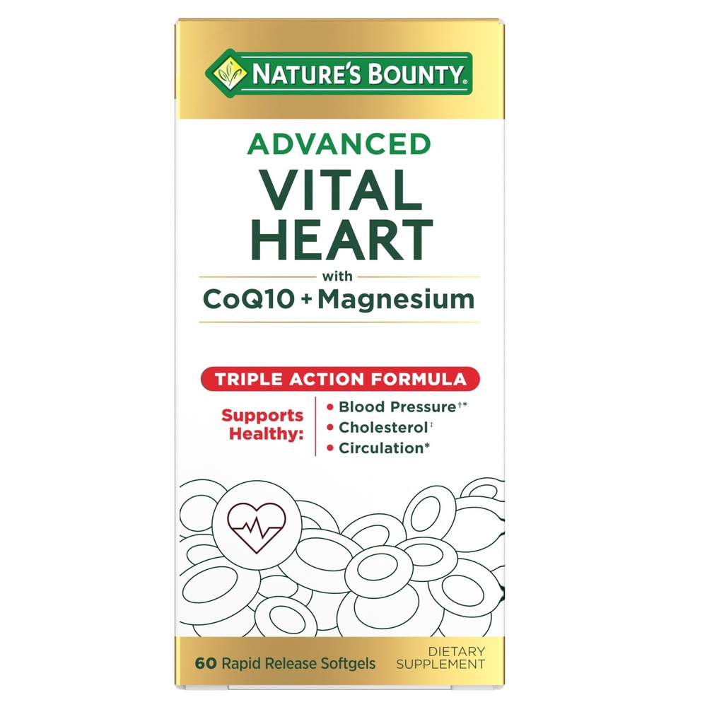 NatureS Bounty Cœur vital avancé avec CoQ10 + Magnésium, Antioxydant, Soutient la pression artérielle saine, Cholestérol, Circulation, Formule Triple Action, CoQ10, Supplément de magnésium, 60 Softgels
