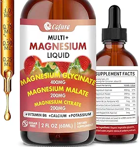 Complexe Triple de Magnésium 900 mg Liquide, Glycinat de Magnésium, Citrate, Malate avec Potassium, Calcium, Vitamine B6 pour les adultes - Vegan, Non-OGM, Sans gluten - 2 Fl Oz