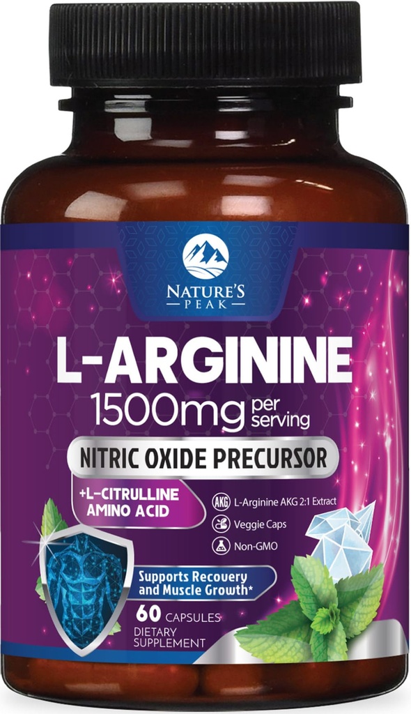 Complexe L-Arginine - Supplément extra-fort d'oxyde nitrique - Mélange d'énergie Premium pour la santé cardiaque naturelle et le soutien musculaire - Non-OGM, fait pour les hommes et les femmes, embouteillé États-Unis - 60 capsules