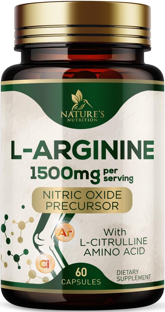 Supplément L-Arginine Extra Strength avec L-Citrulline - Muscle soutenant le précurseur naturel d'oxyde nitrique - Heart Health Support - Amino Acid Energy Blend pour les hommes, États-Unis en bouteille - 60 capsules