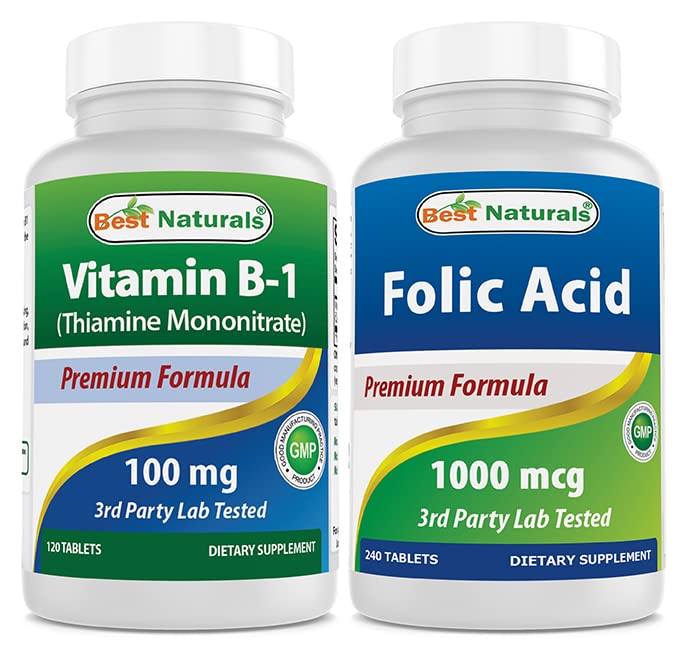 Meilleurs naturels vitamine B1 comme mononitrate de thiamine 100 mg et acide folique 1000 mcg