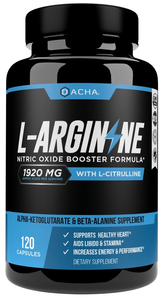DACHA Premium L Arginine Pills 1920 MG - 120 VCAPS AAKG Précurseur à oxyde nitrique, L-Citrulline HCL, Beta Alanine, Acides aminés essentiels pour l'énergie, la croissance musculaire, la santé cardiaque, la vascularité et l'endurance