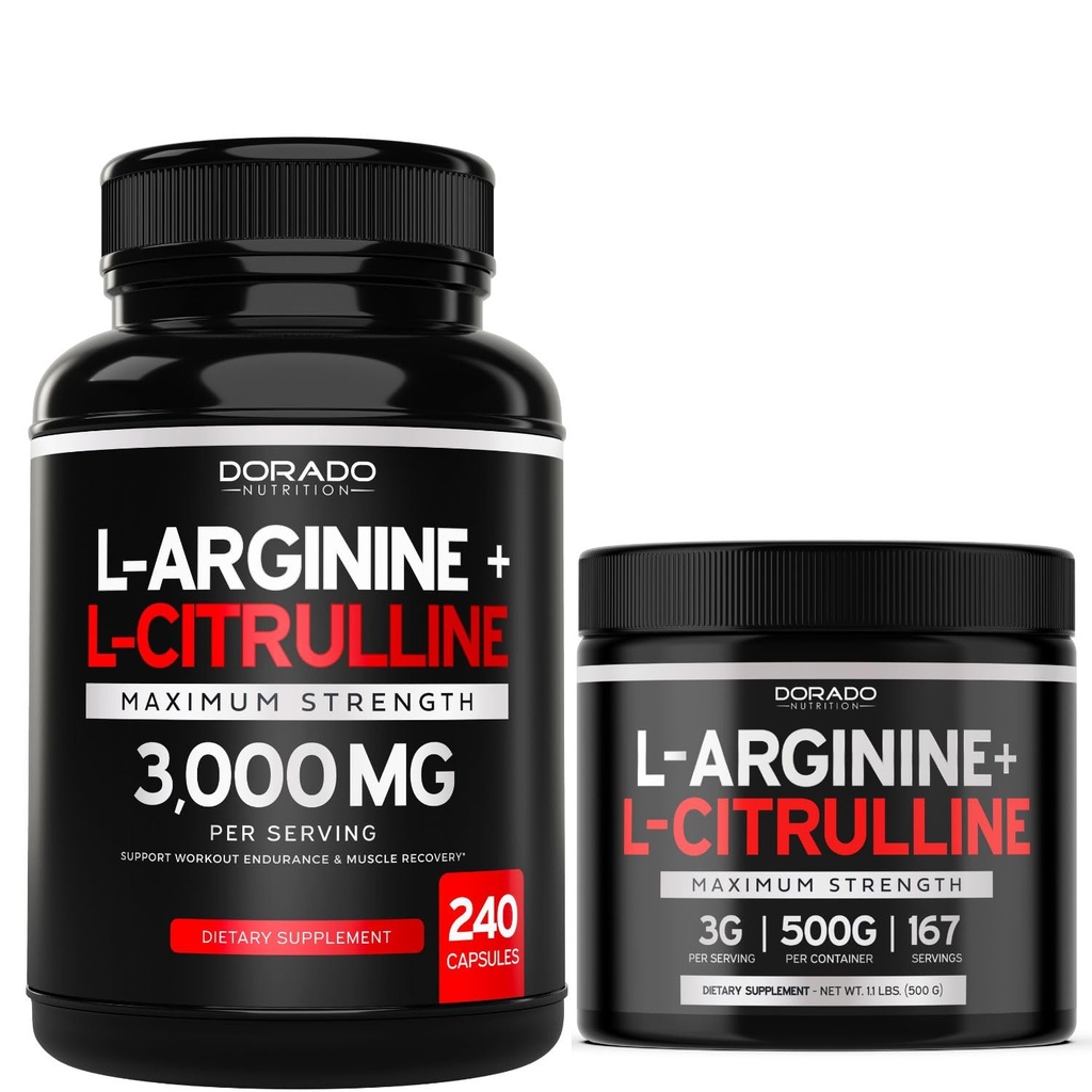 L Arginine L Citrulline (240 Cot) - Pilule à oxyde nitrique pour l'endurance et l'endurance et L Arginine L Citrulline Poudre (3g) - Poudre à oxyde nitrique pour la performance et l'endurance - Vegan & USA Made
