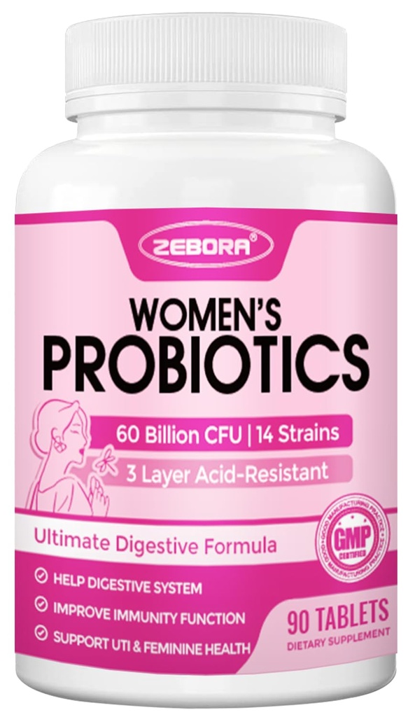 ZEBORA Probiotiques pour les femmes en santé digestive, prébiotiques et probiotiques avec 60 milliards de dollars pour le soutien immunitaire et la santé de Gut, sans gluten et sans soja, 90 comprimés