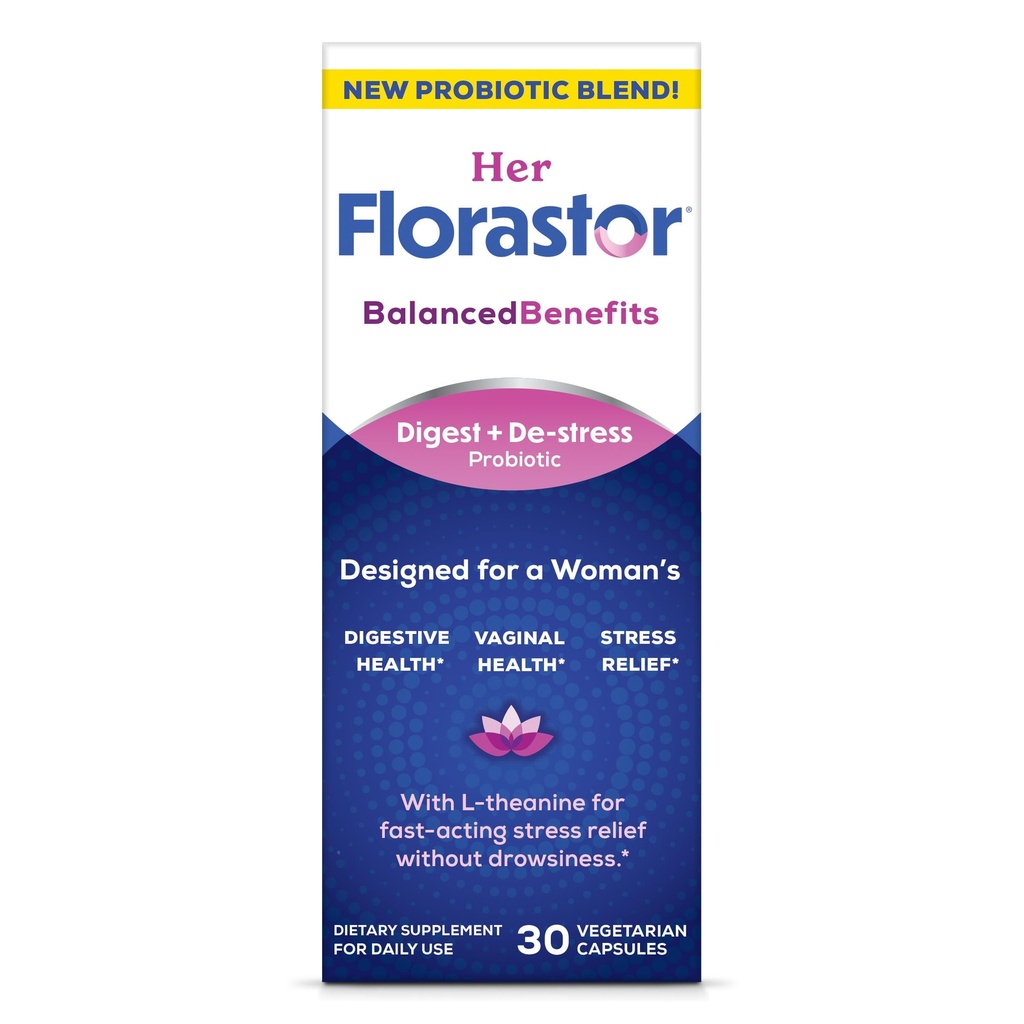 Probiotiques Florastor pour les femmes, Digest et De-Stress, Probiotiques pour la santé digestive, Probiotique vaginal et L-Theanine pour le bien-être mental et corporel, 30 Capsules