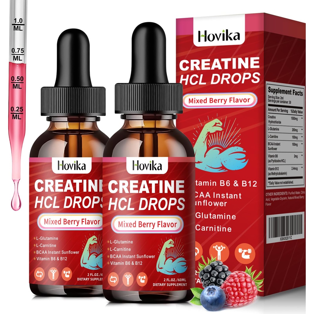 Creatine HCL gouttes liquides pour les hommes et les femmes, chlorhydrate de créatine avec L-Carnitine, L-Glutamine, BCAA, Vitamine B12 & B6 pour la croissance musculaire et la récupération-Vegan, mélange d'arôme de saveur de baie, 4 Fl Oz