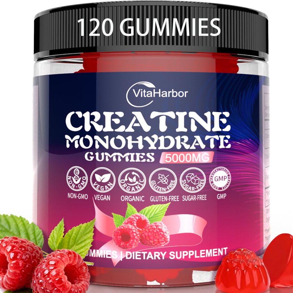 Gommies monohydratées de créatine 5000mg pour les hommes et les femmes, Gommies de créatine pure biologique, sans sucre, végétalien, non-OGM, saveur de framboise, 120 comte