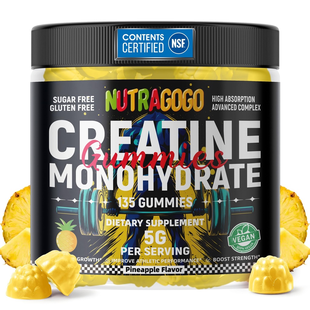 Gommy de créatine certifié NSF - Gommy monohydraté de créatine pour les hommes et les femmes-5g de créatine monohydraté par portion - sans sucre, végétalien, ananas électrolyte, 135 comte
