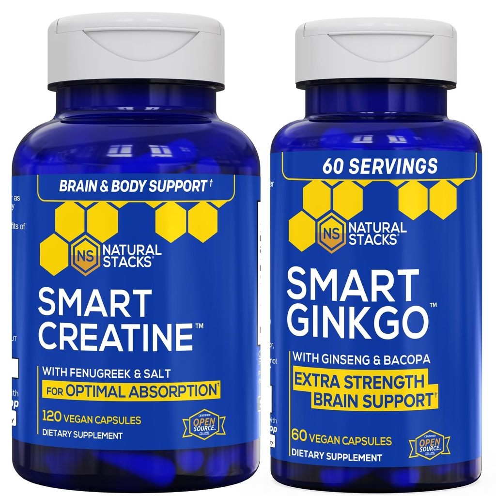 STACKS NATURELS Ginkgo Biloba + Creatine Monohydrate Bundle - Formule d'absorption avancée* - Soutien cérébral extra-fort* - 180 Capsules totales