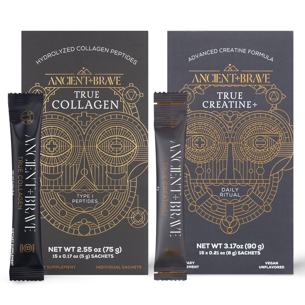 Ancien + Brave True Collagen & True Creatine Packets - Premium Collagen Peptides + Sachets de Formule Créatine avancé (15 de chaque) - Supporte la peau, les cheveux, les articulations, la force et la récupération+ - 5g x 30 Compte