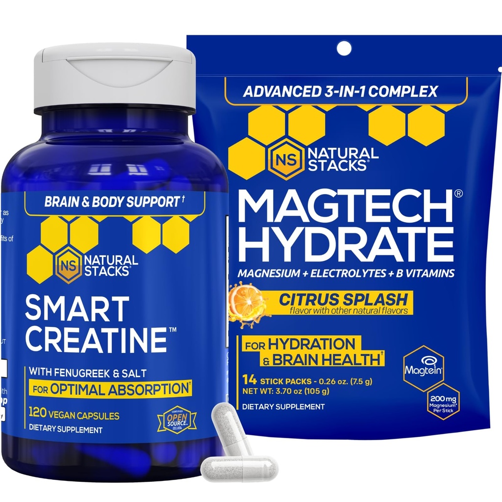 STACKS NATURELS Creatine Monohydrate & Magtech Hydrate Bundle - 2500mg Creatine + 200mg Magnésium élémentaire par portion - Soutient l'hydratation, la santé cérébrale et l'endurance - 44 Total des portions