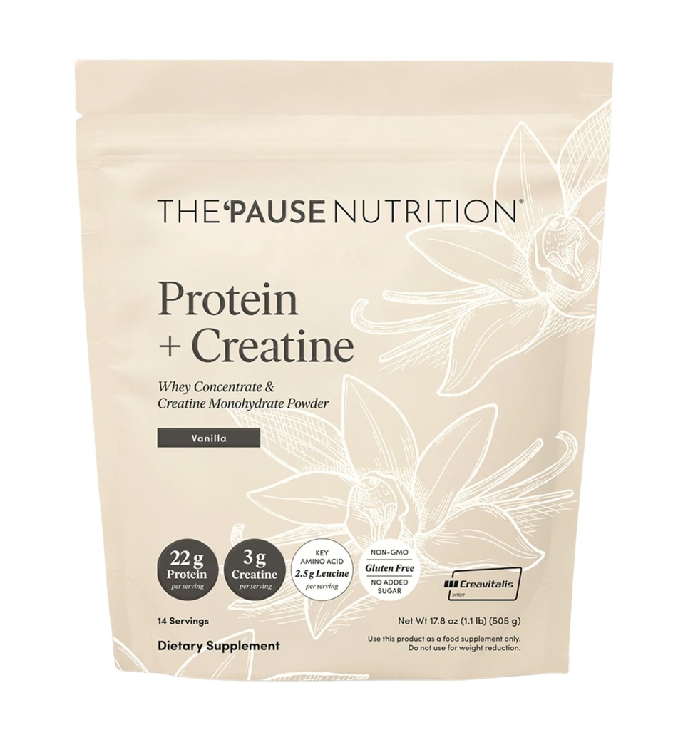 La «Pause Life Protein + Créatine, faite avec Creavivitalis Creatine Monohydrate, Whey Protein, et BCAA pour les hommes et les femmes, sans gluten, faible sucre, non OGM, Vanilla Flavor, 14 portions, 17,8 oz