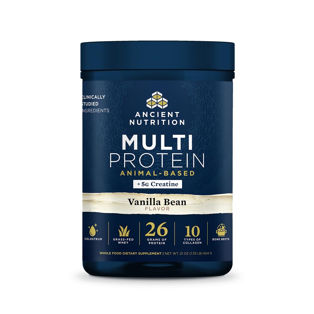 Ancient Nutrition Multi Protein Animal Based Powder + Creatine, 26g Protein, Grass Fed Whey, Bone Broth, Collagen Peptides, 5g Creatine Monohydrate, Colostrum & Probiotics, Vanilla Bean, 15 Servings