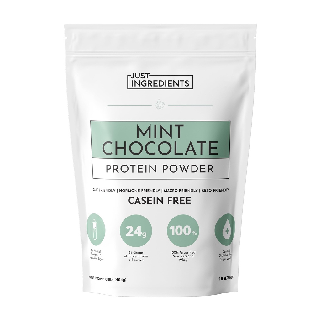 Poudre de protéines de chocolat à la menthe (en poudre) 15 portions 24g Whey Nouvelle-Zélande alimentée par l'herbe + 4 autres sources de protéines (en poudre) Aucun sucre ajouté (en sucre) naturellement sucré (en poudre) Aucun mélange sans caséine