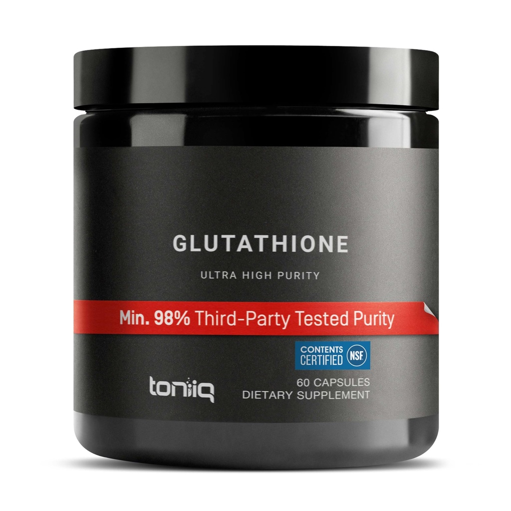 Toniiq Capsules de glutathion à ultra haute concentration - 1000mg Formule concentrée - 98%+ Très purifié et biodisponible - Non-OGM Fermentation - 60 gélules Supplément réduit de glutathion