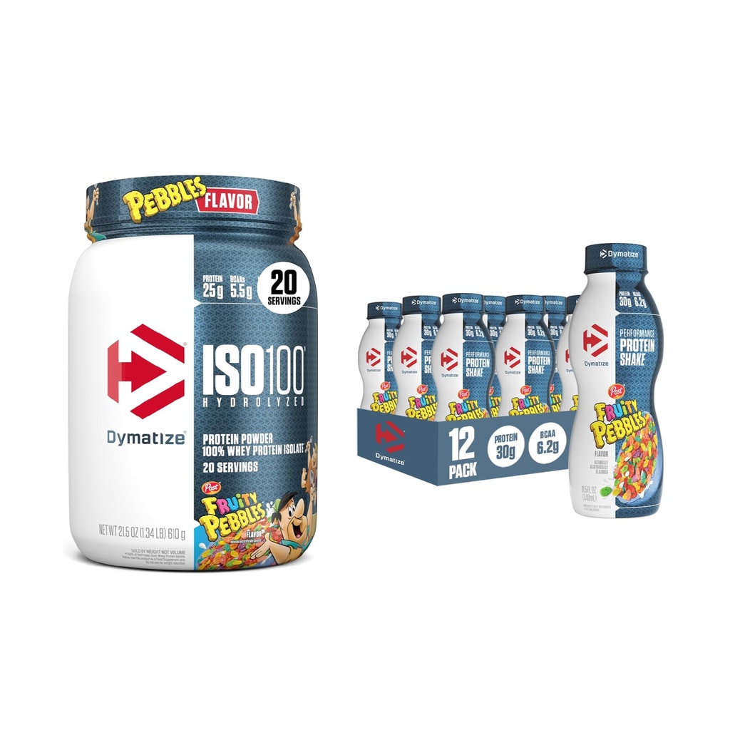 Ensemble de Dymatize Performance Secouer les protéines, les cailloux fruités (12 pack) + ISO100 poudre de protéines de lactosérum isolat, cailloux fruités (20 portions)