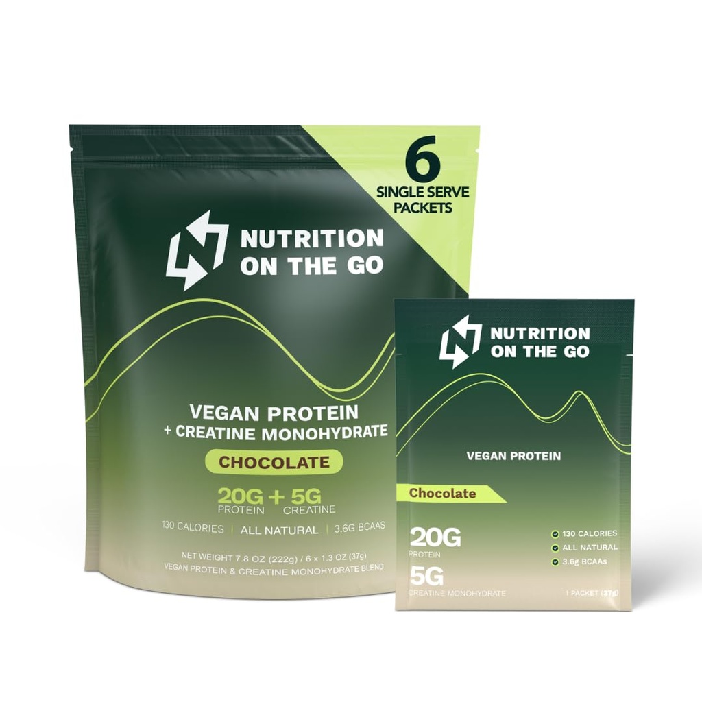 Nutrition On The Go Vegan Protein Powder Packets avec de la créatine – 20g de protéines végétales + 5g de créatine – poudre de protéines voyage mono-serve – tout naturel, sans gluten – chocolat – (6-pack)