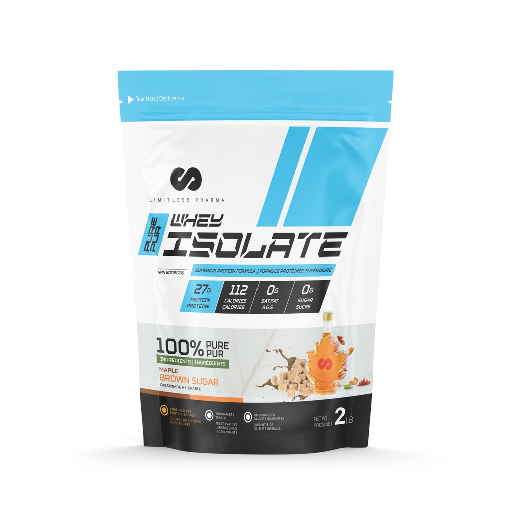 Limitless Pharma Pure Whey Isolate de poudre de protéines de haute protéine Whey Isolate 27g Protéines, 6g BCAAs, sans sucre, sans gluten, faible teneur en glucides, faible teneur en lactose.