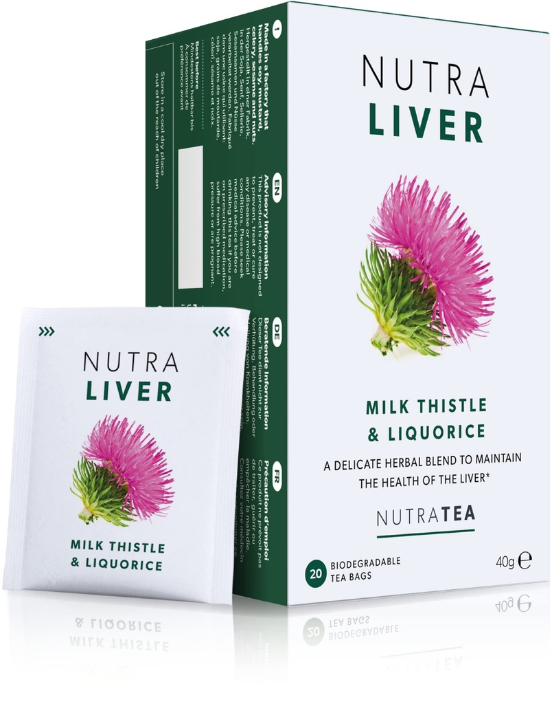 NUTRALIVER - Détox du foie et thé propre - Chardon de lait, curcuma et fenouil - 40 sachets de thé enveloppés - Thé à base de plantes - 2 paquets