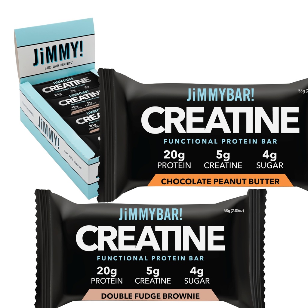 Jimmybar ! Barre de protéines de créatine - 5g de monohydrate de créatine + 20g de protéines - Snack haute protéine - soutient la croissance, la force et la récupération musculaires - Barre d'énergie alimentaire réelle pour les athlètes