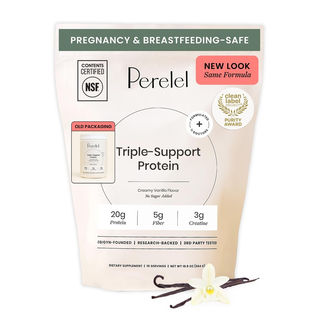 Perelel triple-support à base de protéines à base de plantes, Vanille crémeuse, 20g Poudre de protéines végétaliennes, 3g Créatine monohydraté, et 5g fibre prébiotique par portion, sans lait, sans sucre ajouté, 15 jours d'approvisionnement