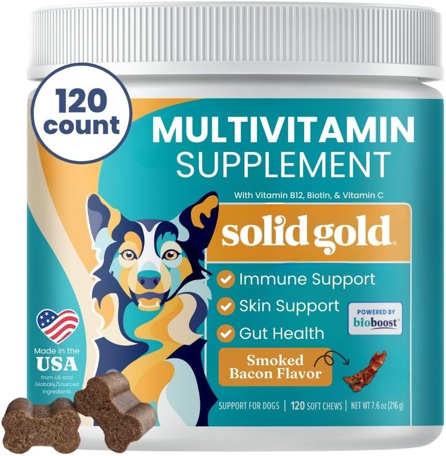 Solid Gold Dog Multivitamin - Soft Dog Vitamins & Supplements Chews - All-in-One Heart, Immune, Brain, Skin, Coat & Gut Health Support w/Vitamin C, B12, Probiotics & Antioxidants - Bacon Flavor 120ct