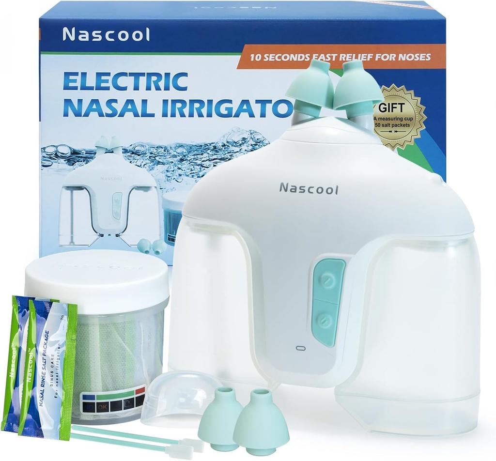 Système d'irrigation nasale électrique avec 50 sachets de sel, 2 modes Nez Nettoyeur avec auto-nettoyage et collecte automatique des déchets Fonction pour le runny sinus, congestion nasale, démangeaisons