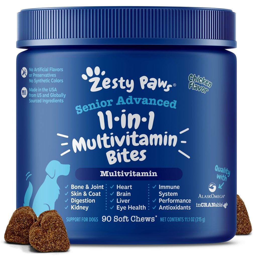 Zesty Paws Senior Dog Multivitamin Treats - Glucosamine pour chiens + enzymes digestives et probiotiques - Vitamines et suppléments sans grains pour chiens pour la peau et le manteau + poulet de santé immunitaire - avancé - 90ct