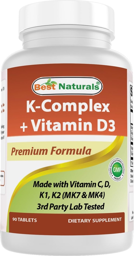 Meilleur complexe K naturel avec K1 (Phytonadione 1500 mcg + K2 comme Ménaquinone 100 mcg + K2 comme MK-4 1000 mcg) + D3 + VIT. C - 90 comprimés - Fabriqués aux États-Unis