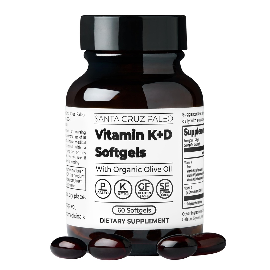 Santa Cruz Paleo Vitamine K2 + D3 Softgels, supplément quotidien avec l'huile d'olive biologique, comprend la vitamine K1 et deux formes de K2, soutient la santé du coeur et des os, sans gluten, sans sucre, Paleo, Keto, 60 comte