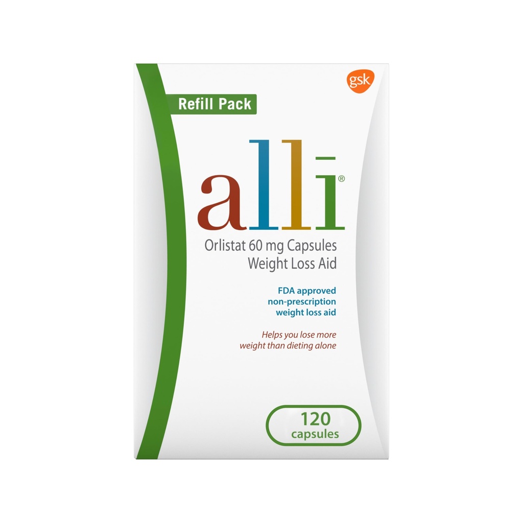 alli Peight Loss Diet Pills, Orlistat 60 mg Capsules, Aide à la perte de poids non-ordonnance, 120 Comput Recharge Pack