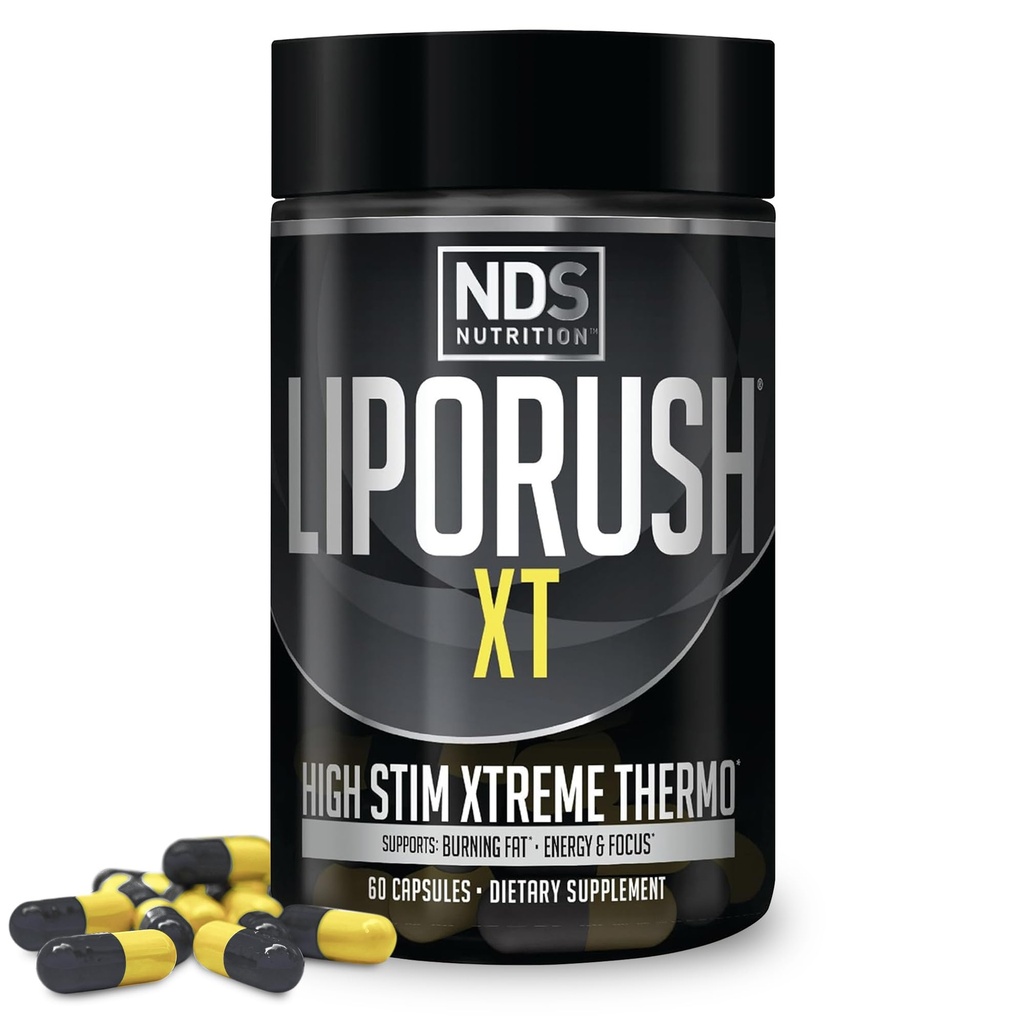 LIPORUSH NDS Nutrition XT - Thermogénique Super Concentré avec L-Carnitine et Teacrine pour Gras de Shredding - Supporte l'énergie maximale, la concentration, la combustion calorie, diurétique, contrôle de l'appétit (60 capsules)