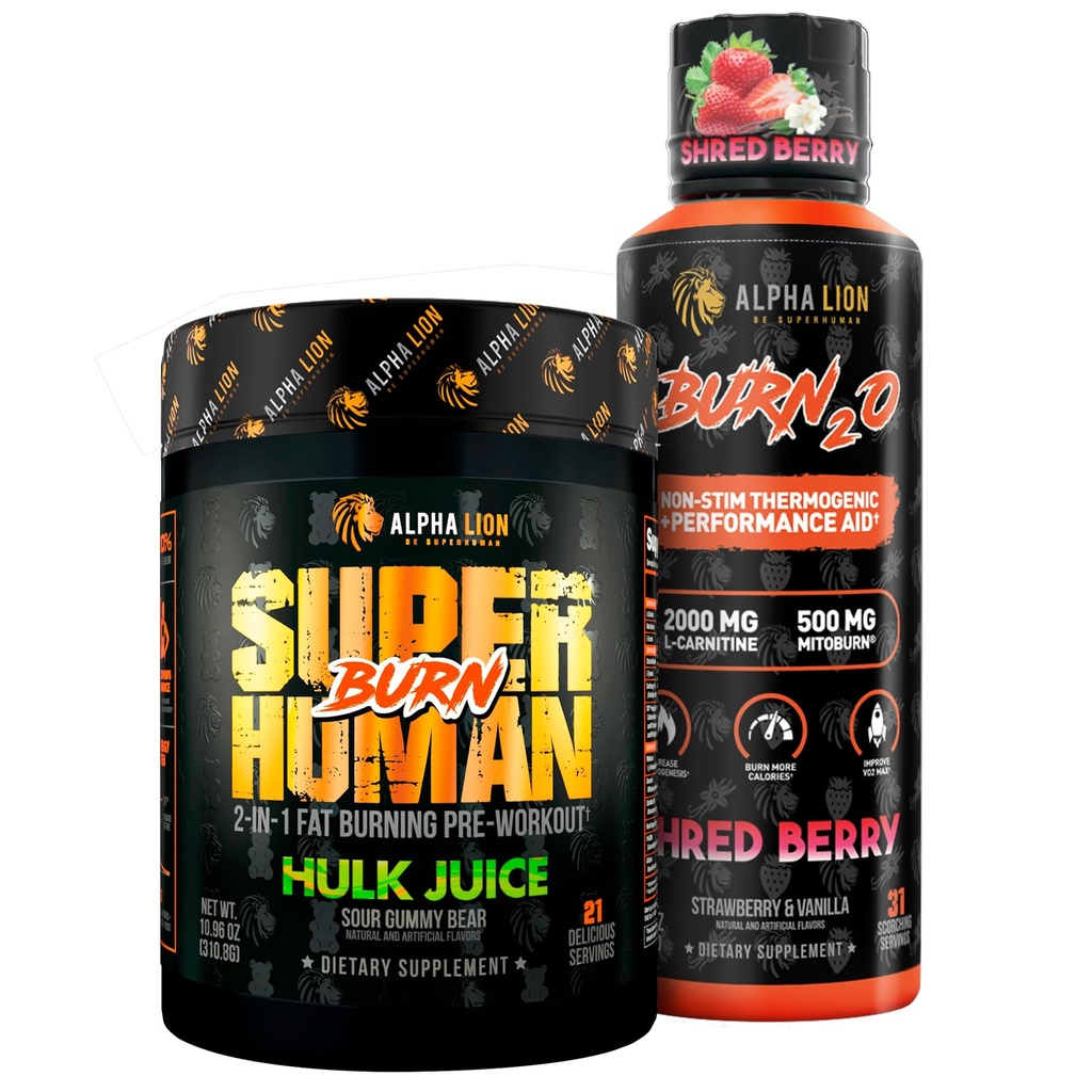 ALPHA LION Stubborn Fat Loss Stack – Pré-entraînement surhumain Burn + Burn2O Liquid L-Carnitine 2000mg (ShredBerry) – 2-en-1 Thermogénique Fat Burning Stack pour hommes et femmes