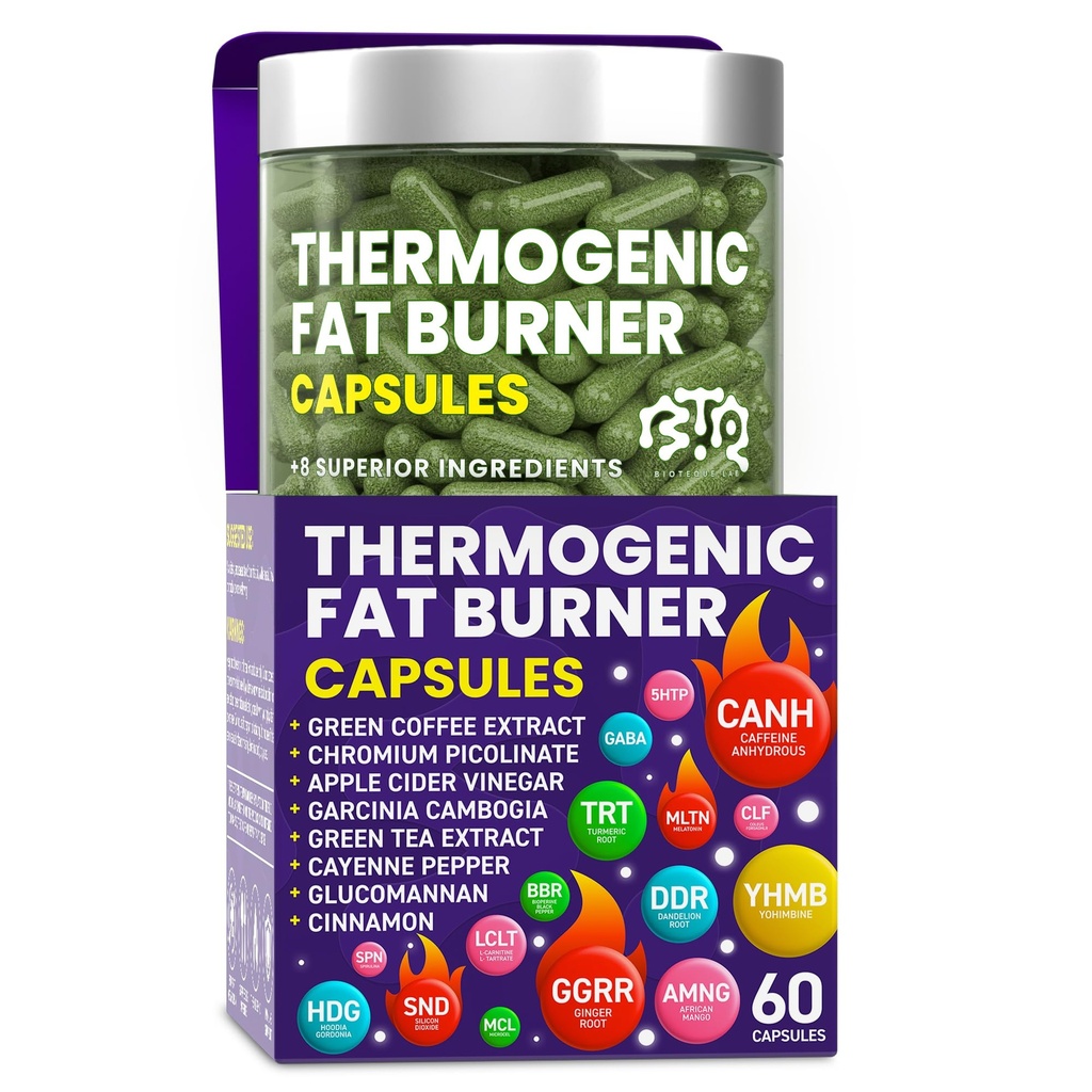 Capsules thermogéniques de brûleur de graisse - pilules de perte de poids pour les femmes et les hommes, Suppresseur d'appétit, Booster de métabolisme - Thé vert, Extrait de café, Garcinia Cambogia - pilules de régime pour la perte de poids - 60 capsules