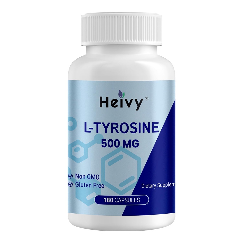 Heivy Premium L-Tyrosine 500mg.com Supplément à l'acide aminé Focus & Mental Energy Support, 180 capsules non OGM