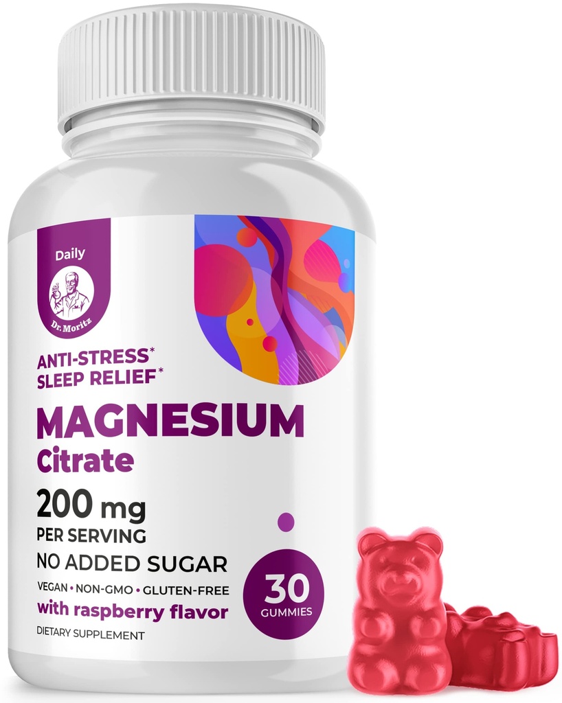 DR. MORITZ Gummées de citrate de magnésium pour adultes - Gummées de magnésium calme sans sucre - Soutient la santé cardiovasculaire- Arôme des framboises - Non-OGM, 200 mg (30 Nombre)