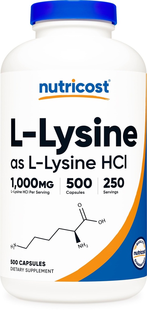 Nutricost L-Lysine 1000mg par portion, 250 portions, 500 capsules - Sans gluten, sans OGM, 500mg par gélule