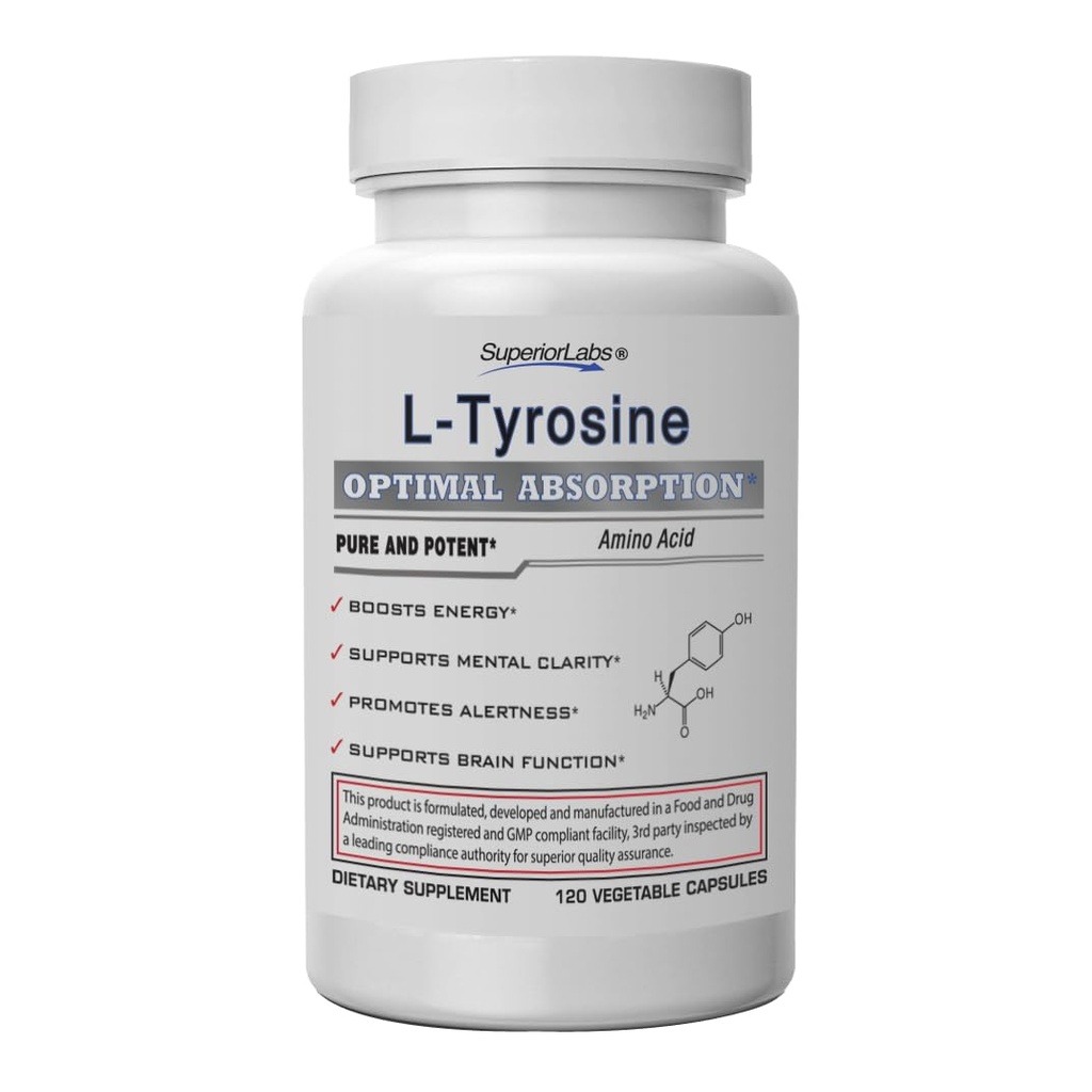 Superior Labs L-Tyrosine 500 mg, acide amino nootropique pur non-OGM, haute absorption, soutien de l'humeur et du focus, soulagement du stress, clarté cognitive et mentale, soutien de la thyroïde et de l'alerte, 120 capsules végétatives