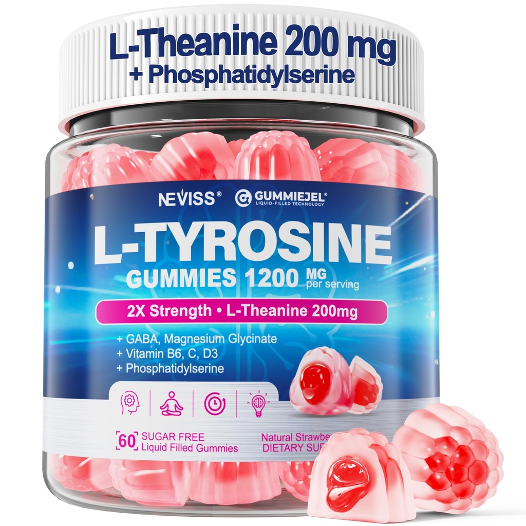 L Supplément Gommies Tyrosine 1200mg, supplément GABA L-Theanine 200mg avec vitamine B6 glycinate de magnésium, D3 & C - Gummies Calm & Focus - Suppléments Cerveau pour la mémoire, l'humeur et la détente pour les adultes, végétalien