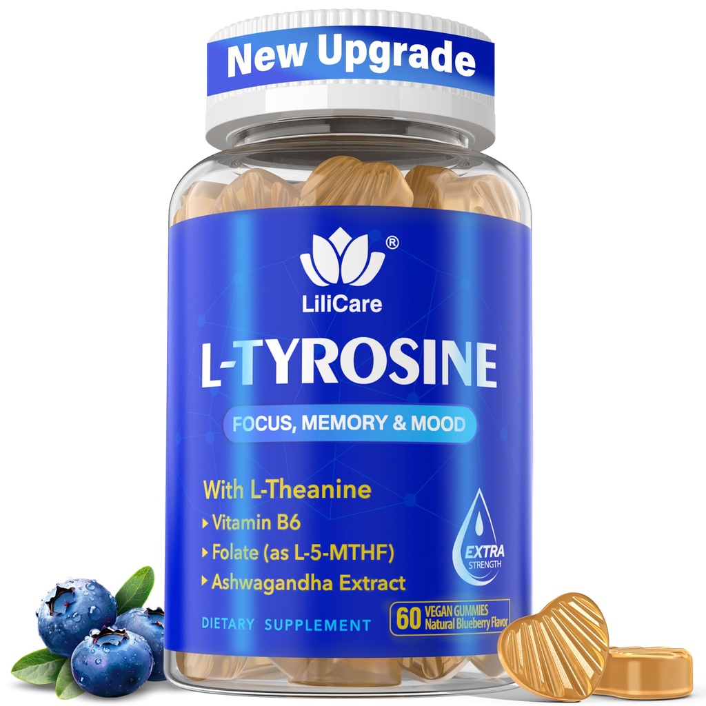L Supplément de Focus Tyrosine Gummies 1100mg pour les adultes, Suppléments Cerveau pour la Mémoire et Focus, Gummies L-Tyrosine avec Ashwagandha, I-Theanine pour Calme et Mood - Vitamine B6 & B9 pour Energy-Vegan, 60ct