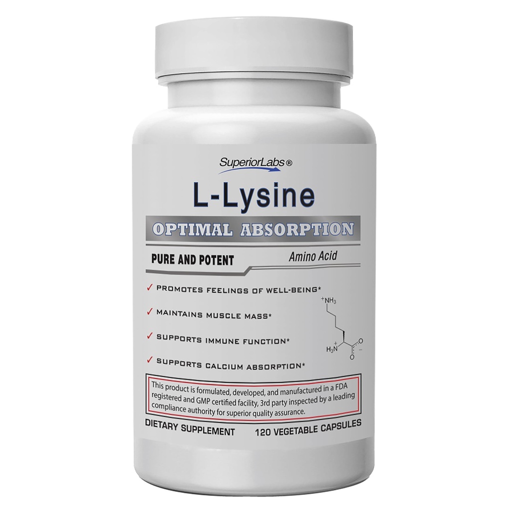 Superior Labs L-Lysine 500 mg Capsules, Pure Non-OGM, Testé en troisième partie, Pas de remplissage, Sans gluten, supporte le système immunitaire, favorise l'absorption de calcium, 120 capsules